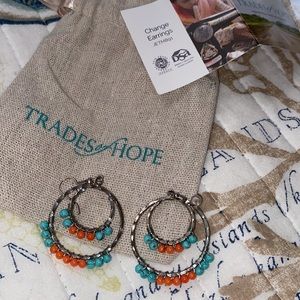 Change Earrings-hammered silver tone hoops feat. coral and turquoise-toned beads